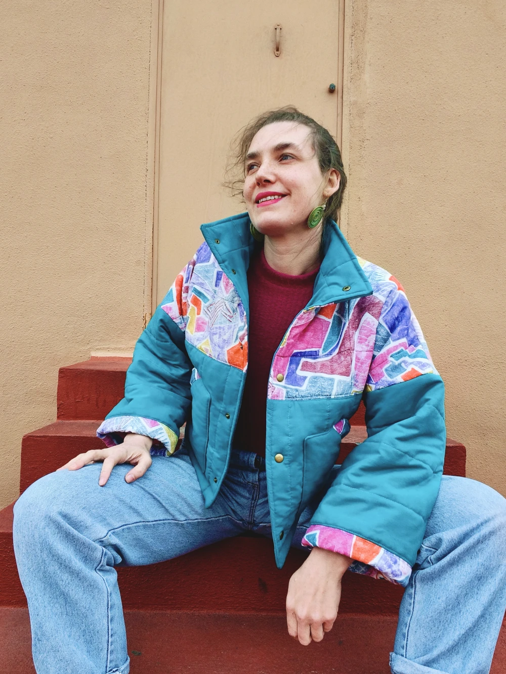 Chaqueta acolchada upcycling retro block + verde M/L - Image 2